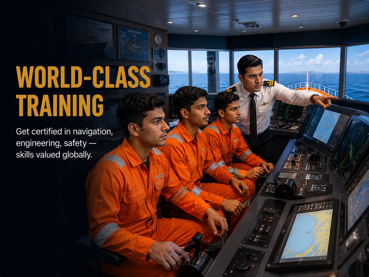 World-Class Training - Merchant Navy bridge with cadets and officer