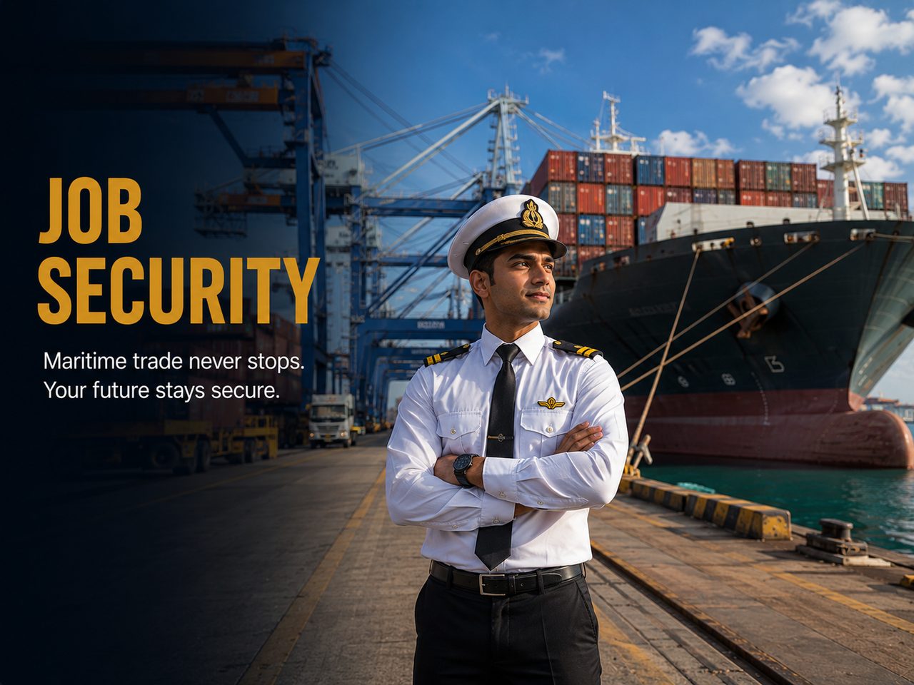 Merchant Navy Job Security - officer with cargo ship at port