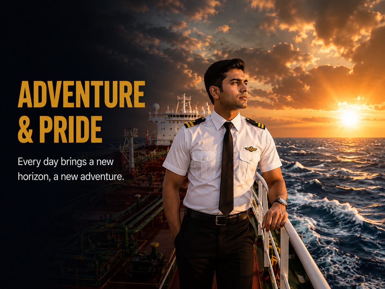 Merchant Navy Adventure and Pride - officer at sunset with cargo ship