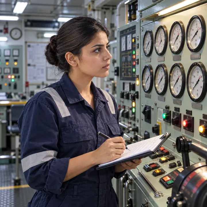 A woman cadet at the controls in a ship's engine control room
