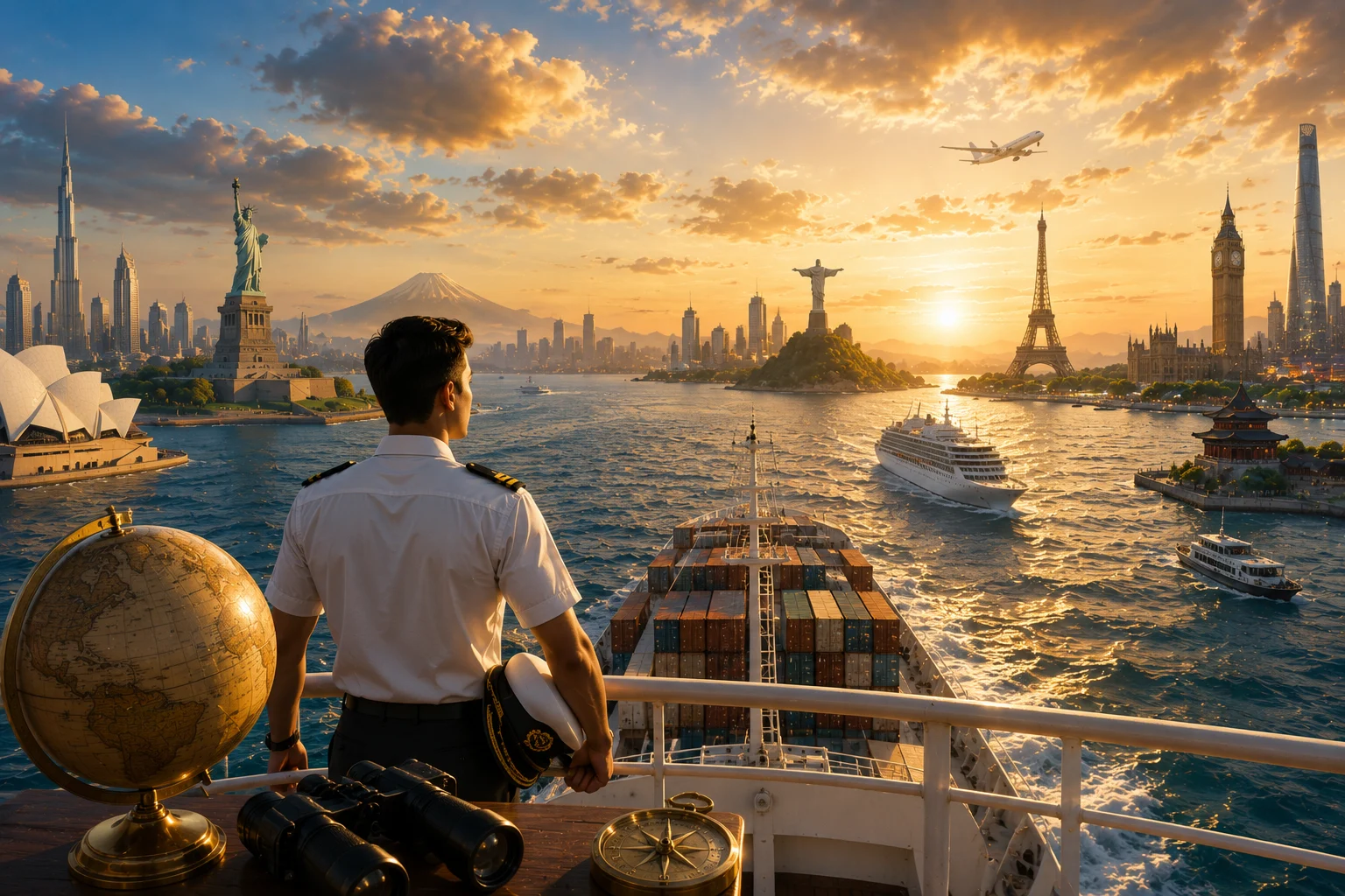 Merchant Navy officer at an international port with a cruise ship alongside