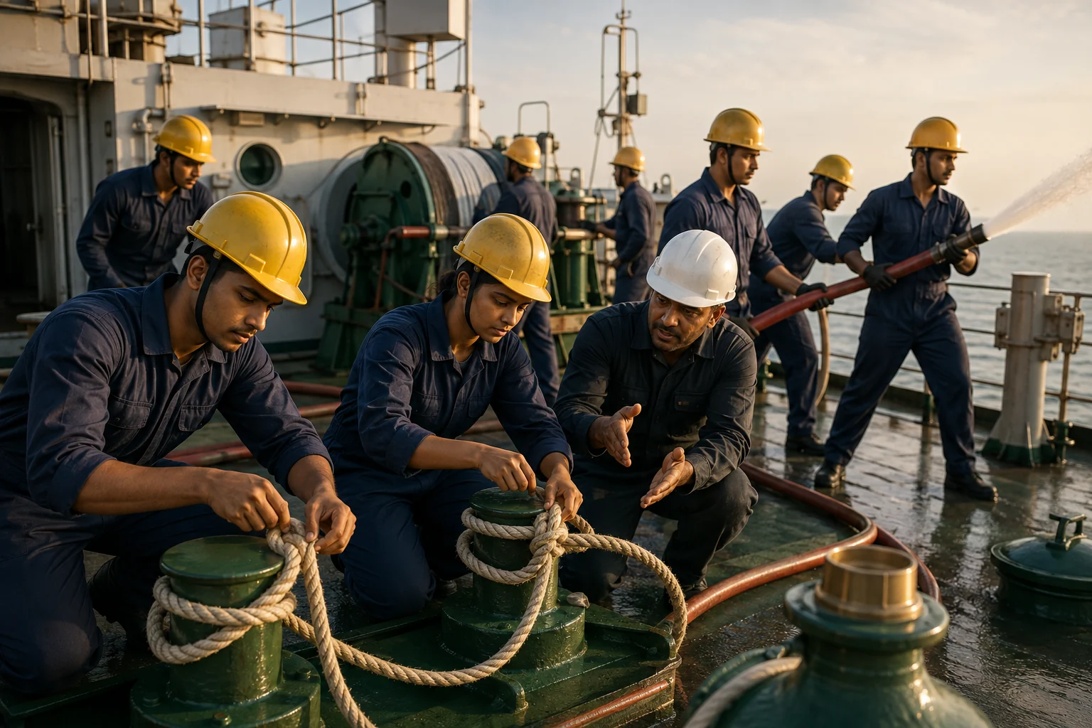 Cadets training on a ship bridge with an instructor