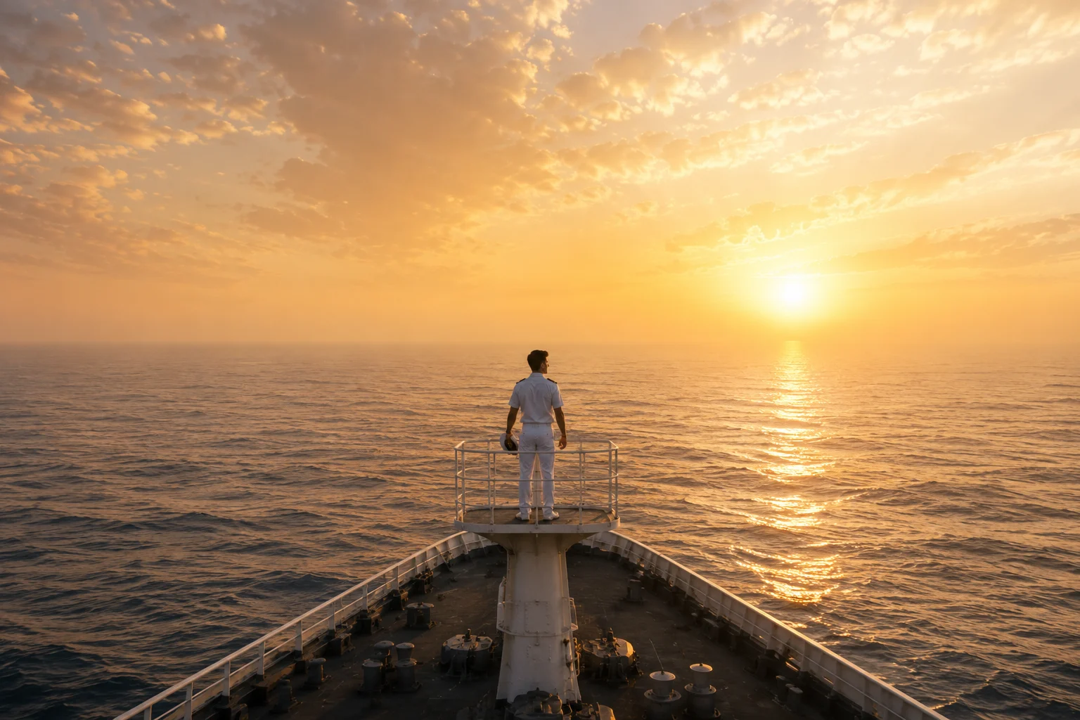 Officer on deck at sunset during a voyage