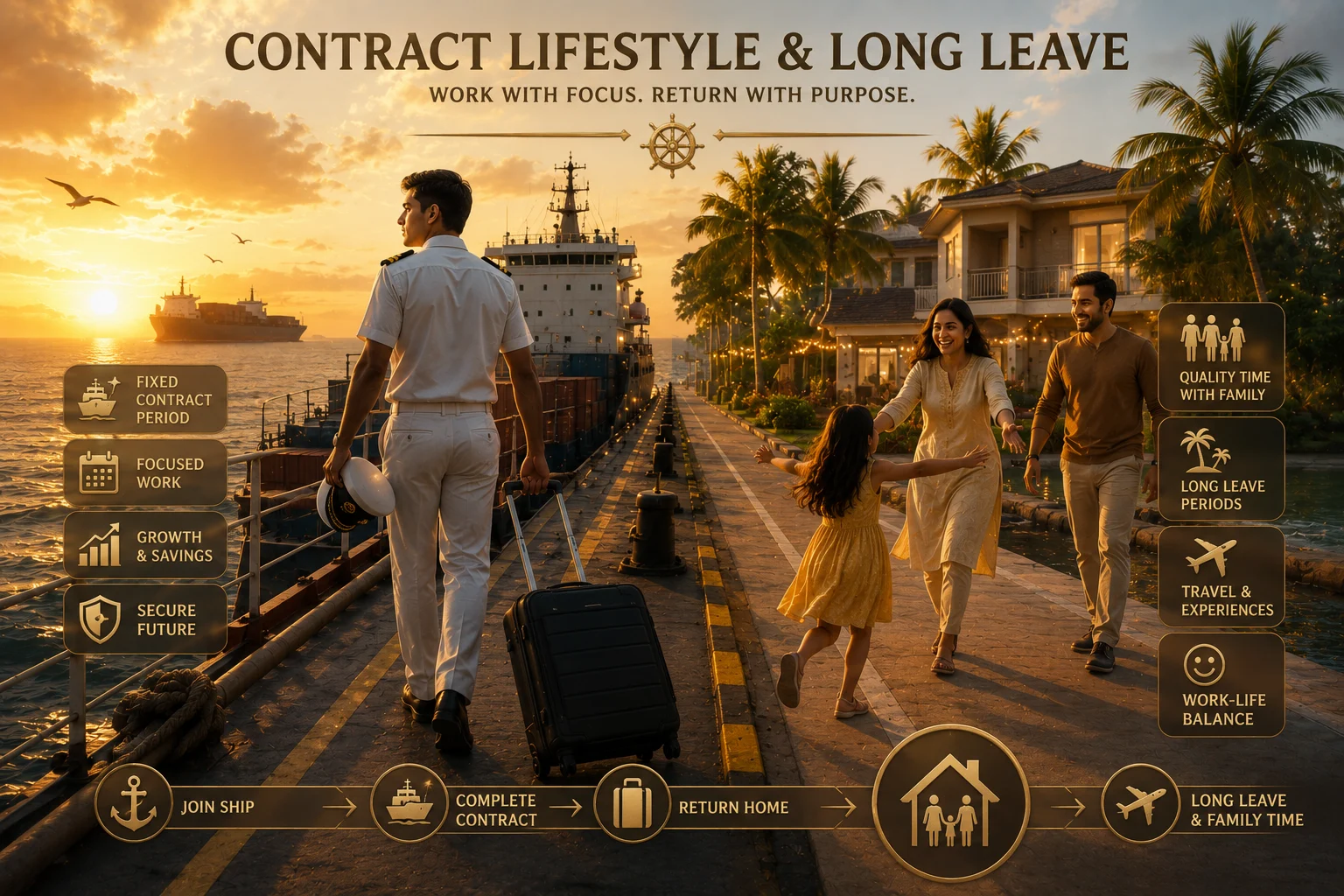 Seafarer returning home to family after a contract at sea